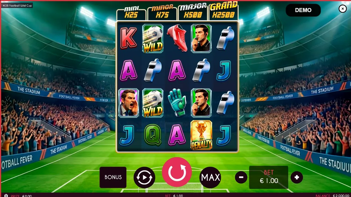 Tampilan visual lapangan sepak bola dan elemen permainan slot Football Wild Cup